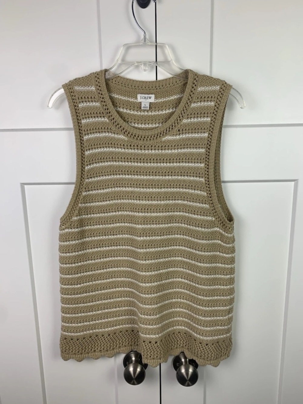 J Crew Factory Large Striped crochet sweater Tank Beige Coastal Nautical Preppy